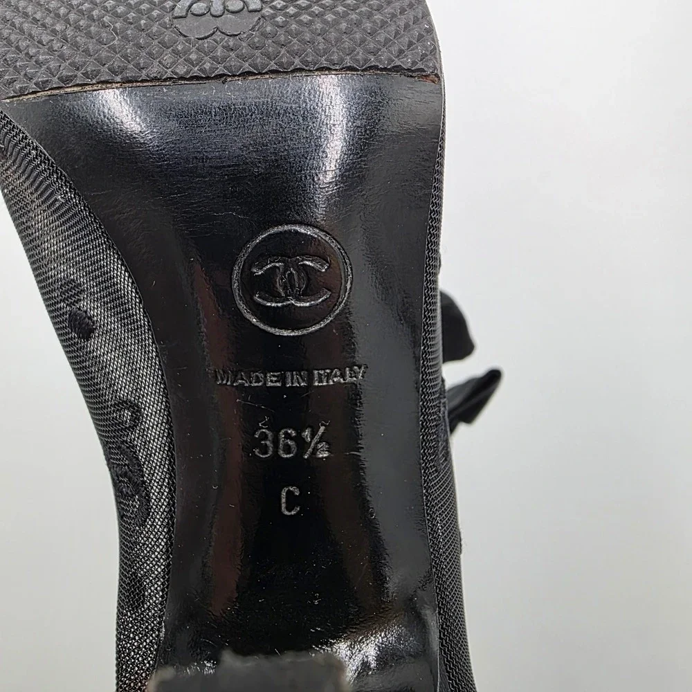 Chanel Black Mesh CC Logo Bow Peep Toe Mid Calf Stiletto Boots 36.5 C Italy